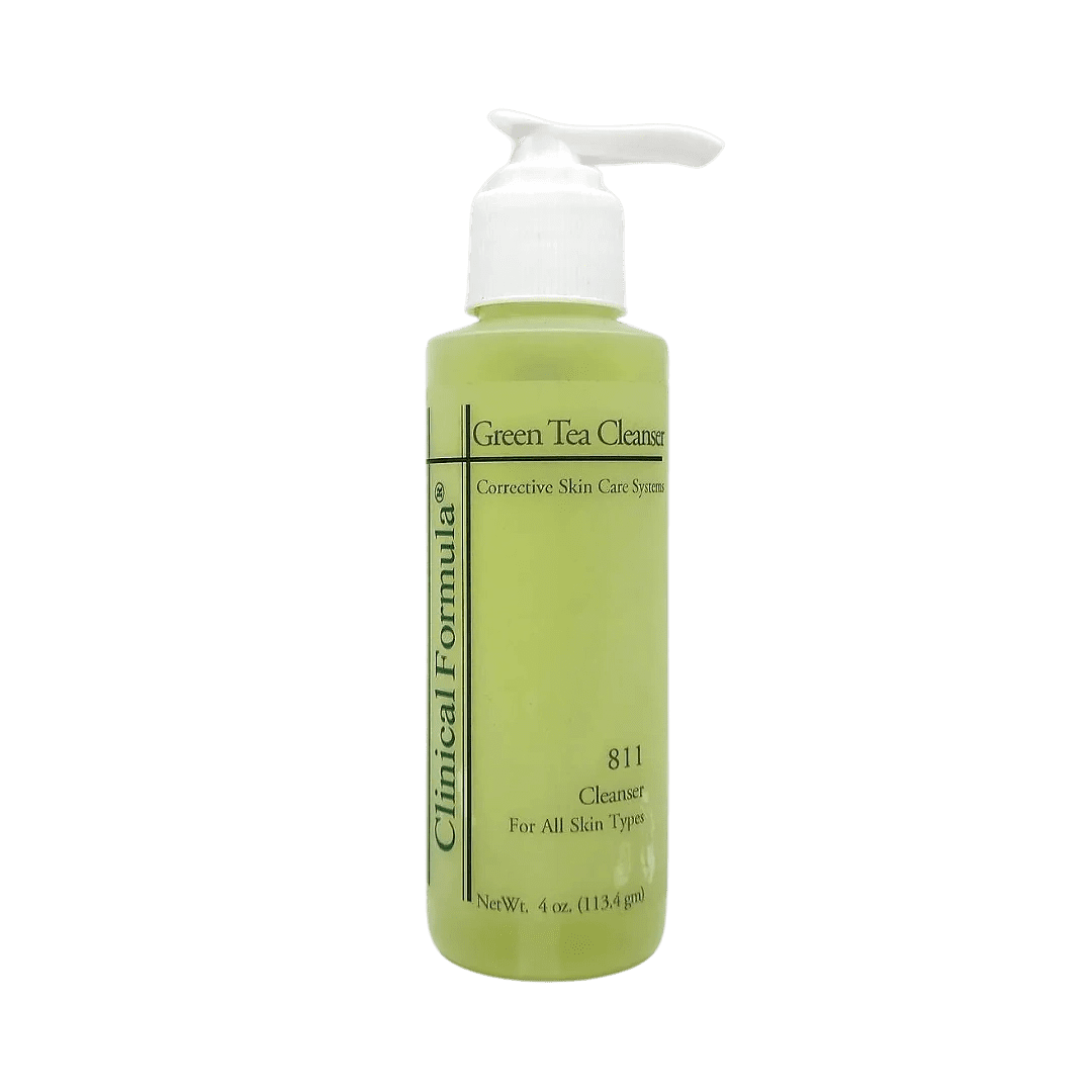Green tea cleanser bottle with pump dispenser.
